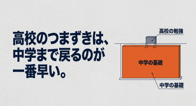 高校英語のつまずきを解消するには、中学英語の基礎に戻るのが一番早いことを示す図解