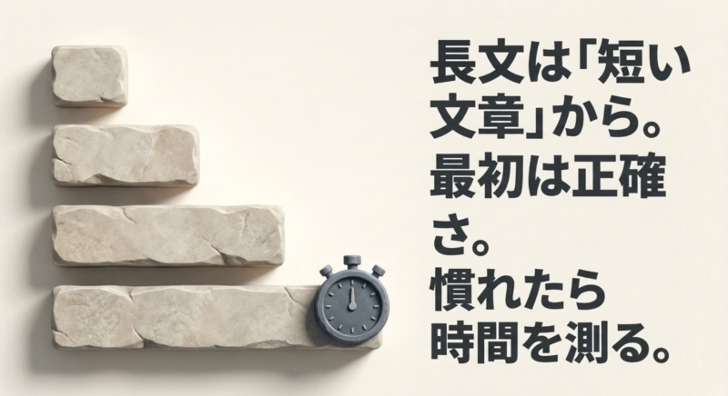 長文は短い文章から始め、最初は正確さを重視し、慣れたら時間を測るというメッセージ