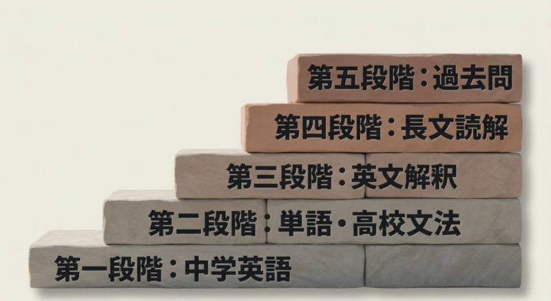 第一段階の中学英語から第五段階の過去問まで、英語学習を進める5つのステップ