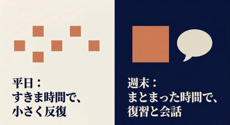 平日はすきま時間で小さく反復、週末はまとまった時間で復習と会話