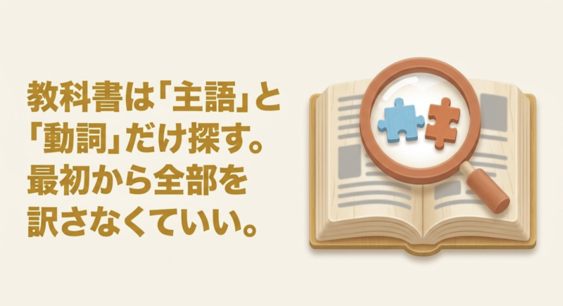 教科書は「主語」と「動詞」だけ探す。最初から全部を訳さなくていい。」というテキスト