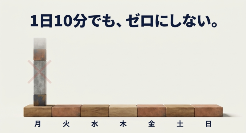 1日10分でも毎日継続し、学習をゼロにしないことを示すカレンダー図