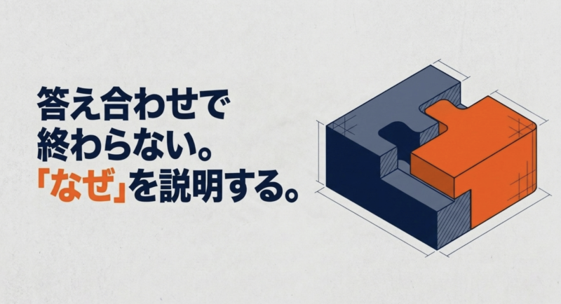 問題の答え合わせで終わらせず、なぜその答えになるのか理由を自分で説明することの重要性を示すスライド