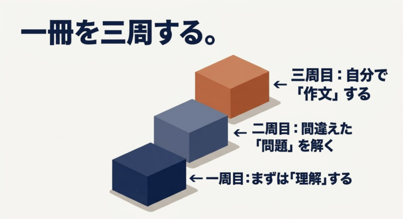 参考書を一冊三周する。一周目:まずは「理解」する、二周目:間違えた「問題」を解く、三周目:自分で「作文」すると書かれたスライド