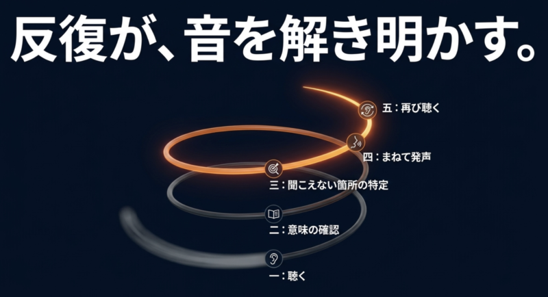 リスニングの反復練習手順(一:聴く、二:意味の確認、三:聞こえない箇所の特定、四:まねて発声、五:再び聴く)