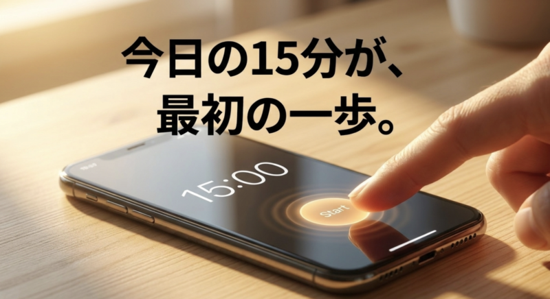 15分のタイマーのイラストと共に「今日の15分が、最初の一歩。Start 15:00」と書かれたスライド
