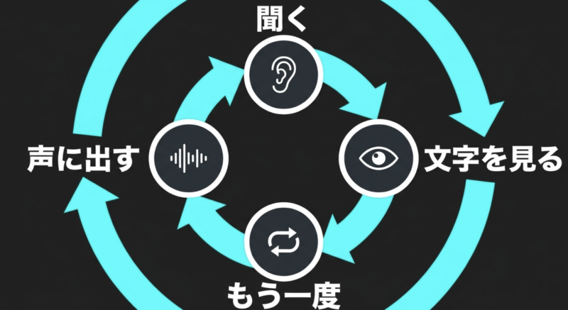 アプリ学習の手順：聞く、文字を見る、もう一度、声に出す。