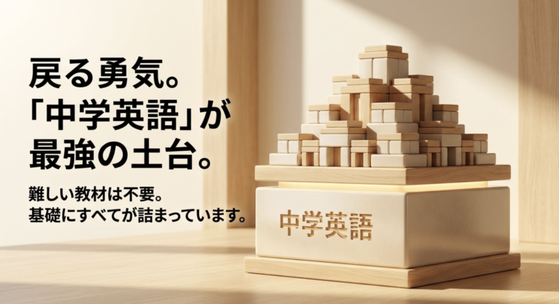 中学英語のノートのイラストと共に「戻る勇気。『中学英語』が最強の土台。難しい教材は不要。基礎にすべてが詰まっています。」と書かれたスライド