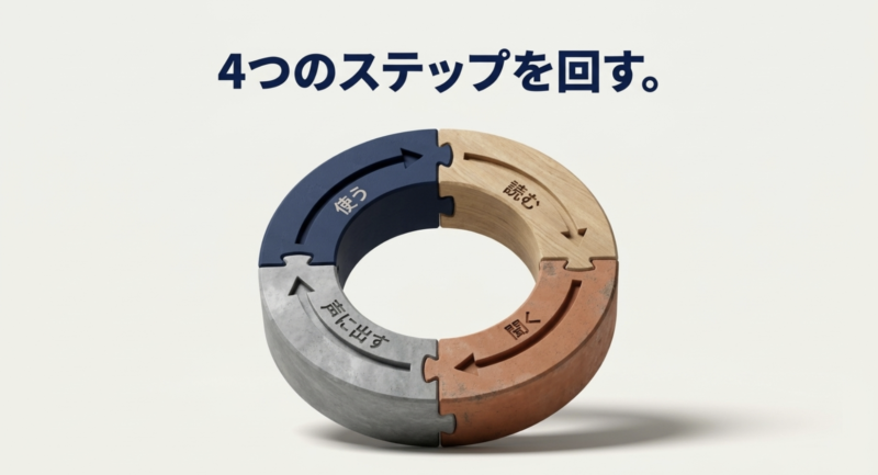 読む・聞く・声に出す・使うの4つのステップを回すサイクル図