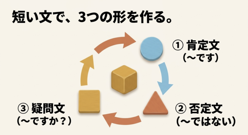 「短い文で、3つの形を作る。 ①肯定文 (~です) ② 否定文 (~ではない) ③ 疑問文 (~ですか?)」というテキスト