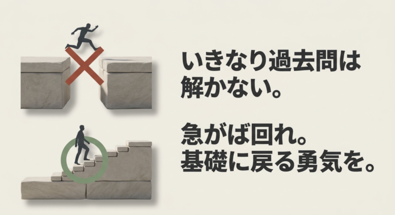 いきなり過去問を解くのではなく、急がば回れで基礎に戻る勇気を持とうというメッセージ