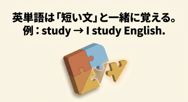 パズルのピースのイラストと「英単語は「短い文」と一緒に覚える。 例:study → I study English.」というテキスト