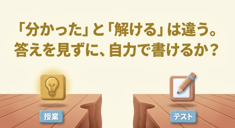 「「分かった」と「解ける」は違う。答えを見ずに、自力で書けるか? 授業 テスト」というテキスト