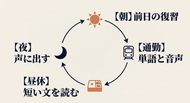 朝は前日の復習、通勤時間は単語と音声、昼休みは短い文を読む、夜は声に出す