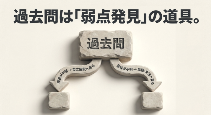 過去問は弱点発見の道具であり、構造が不明なら英文解釈へ、意味が不明なら単語・文法へ戻ることを示す図解