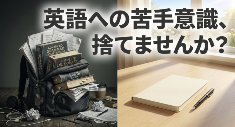 山積みにされた難しい英語教材のイラストと共に「英語への苦手意識、捨てませんか?」と書かれたスライド
