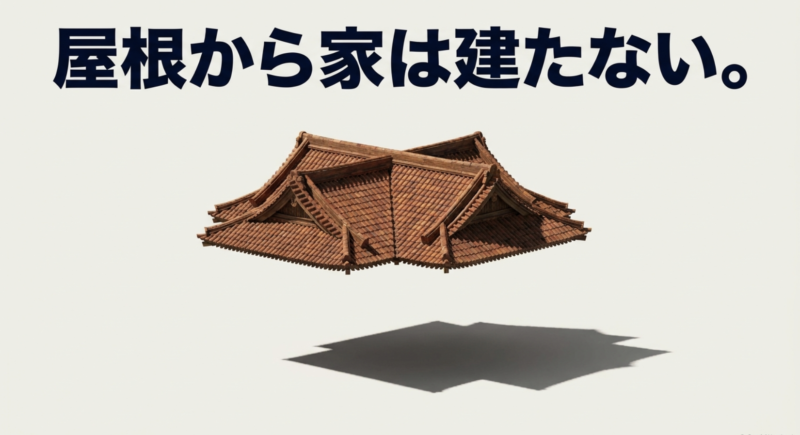 屋根から家は建たない。基礎は中学英語だけでいいことを示すイメージ