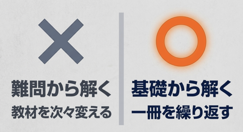 難問から解くことや教材を次々変えることを避け、基礎から一冊を繰り返すことを推奨するスライド