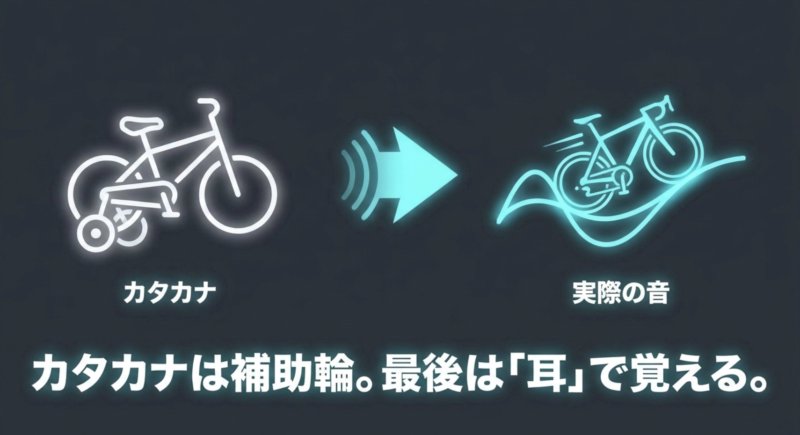 カタカナを補助輪付き自転車、実際の音を通常の自転車に例え、最終的には耳で覚えることを示すイラスト