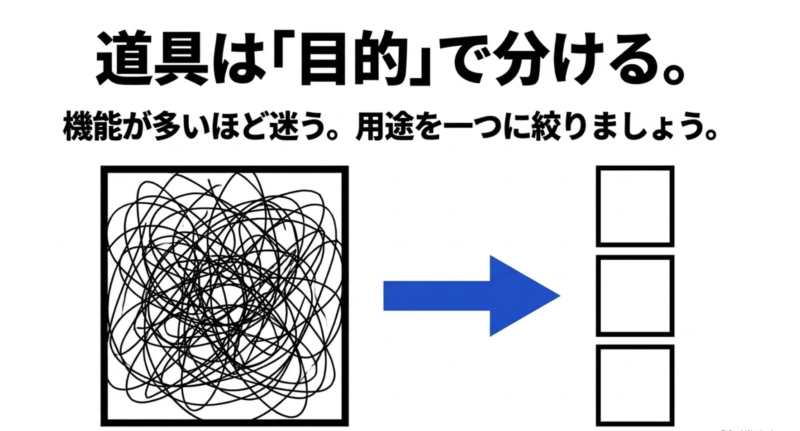 道具は「目的」で分ける。機能が多いほど迷う。用途を一つに絞りましょう。