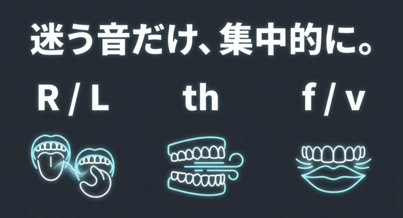 RとL、th、fとvなど、日本人が迷いやすい音を集中的に練習することを示す口元と息のイラスト