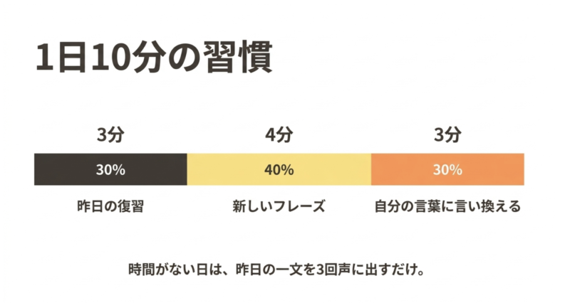 1日10分の英語スピーキング習慣として昨日の復習3分、新しいフレーズ4分、自分の言葉に言い換える3分の配分を示した図解