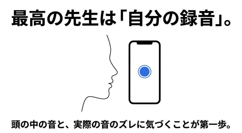 最高の先生は「自分の録音」。頭の中の音と、実際の音のズレに気づくことが第一歩。スマホで音声を録音する横顔のイラスト。